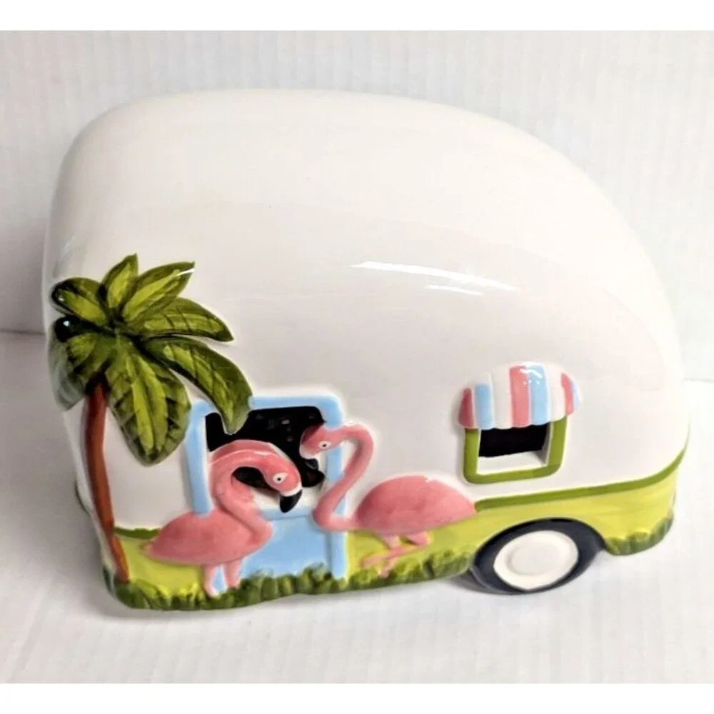 Lighted Camper Accent Lamp Retro Pink Flamingos Palm Tree Battery Operated NEW